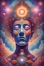 Placeholder: A surreal and visionary landscape filled with an ethereal, heavenly glow. At the center of the composition, a psychedelic human face, rendered in vibrant and detailed hues, appears to be floating serenely in the midst of the celestial scene. The face's features are delicately rendered, displaying an expression of deep inner peace and profound spiritual connection. The background is adorned with intricate fractal patterns, reminiscent of the infinite complexity and beauty of nature, which seamles