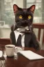 Placeholder: Chat noir en costard avec des lunettes assis à une table avec une tasse de café, ultra réaliste, 4k, haute résolution