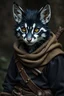 Placeholder: Tabaxi young male with black and white fur wearing medieval rogue clothes