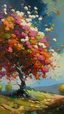 Placeholder: impressionism-style oil painting of beautiful flowers falling from a big tree with a view in the background
