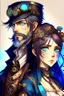 Placeholder: anime couple, steampunk , colorful, man with salt and pepper beard and woman with dark hair and blue eyes