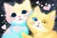 Placeholder: extreme cuteness, closeup, flowercut, shiny metallic pastel watercolor, black light art, golden glitter outlines, double exposure, merged layers, heart and love, A cute chibi mohair 3D happy cat mother watching her child take their first steps toward independence, pride and worry mixing in their eyes, S<AI in sunshine, ethereal, cinematic postprocessing, black background