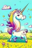 Placeholder: kids illustration, a cute unicorn playing in field, cartoon style, thick line, low details, vivid color