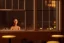 Placeholder: woman sitting in a cocktail bar next to a window, outside the window is a city police station in window view, atmospheric ,night lighting,rainy, realistic, unity engine, cinematic lighting, octane render.