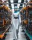 Placeholder: potrait cinematography colors a beautiful woman hijab humanoid robot mechanical walking in between two rows of complex machinery with vibrant colors