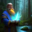 Placeholder: medium close up of blue robed water monk with long beard, megalith, candle light, torches, Dark fantasy concept art, dynamic lighting, Intricately detailed, Splash screen art, deep color, Unreal Engine, volumetric lighting, blue flowers, moss, leather, creek, flowing water, fantasy dark forest artwork,back light