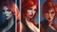 Placeholder: female sorcerer. a playboy model. Dressed in blood red small wicked weasel . Copper red hair. Perfect dark blue eyes. no jewelry. seductive. Hyperrealistic, splash art, concept art, mid shot, intricately detailed, color depth, dramatic, 2/3 face angle, side light, colorful background. the naked truth.