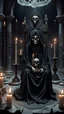 Placeholder: In the center of the gloomy sanctuary, on an eerie stone throne, sits a figure in a black torn robe in an eerie skull mask; around the figure there is an altar with tarot cards, candles, magical paraphernalia, an atmosphere of mystery