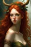 Placeholder: pretty girl, aged 19, ginger, conventionally attractive, realism, dreamy, tight top, faun, satyr, full length, curvy