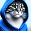 Placeholder: sad cat wearing a blue hoodie, studioportrait, dramatic lighting