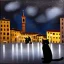 Placeholder: Old oil painting of a very dark square in Florence in a stormy night. A cathedral in the background. A black cat is sitting in the snow.