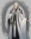 Placeholder: a young high elf frost Wizard with long wiry hair, wearing a black trimmed white nobleman's robe and frost ornaments on clothes