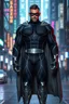 Placeholder: A giant, muscular man with extra-short, crew cut, black hair, blue eyes, short, trimmed goatee, standing stoically on the street in the neon lit, futuristic City of Xanadu prime, wearing a long-sleeved, highly textured, black body suit with gray piping that forms to his muscular frame, he has a silver lightning belt, silver wrist gauntlets, silver, knee-high boots, gray cape, he has the symbol of Xanadu Prime on his chest, and a thin black leather bandit eye mask