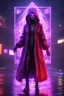 Placeholder: Lense flare,pencil outline,Volumetric fog spider lights,paradise sacred geometry framed playing card, black, red, spore and purple neon cyber punk dancer priestess teurgist in soaked rain coat shadows boss card in the style of escher and fallout 4 ,,bokeh like f/0.8, tilt-shift lens 8k, high detail, smooth render, down-light, unreal engine