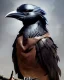 Placeholder: "black beak and feathers, wearing leather rogue outfit, mysterious Kenku male,humanoid bird, full-scale head and shoulders portrait, 8k resolution concept art portrait by Greg Rutkowski, Artgerm, WLOP, Alphonse Mucha dynamic lighting hyperdetailed intricately detailed Splash art trending on Artstation triadic colors Unreal Engine 5 volumetric lighting Splash art fantasy"