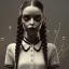 Placeholder: Wednesday Addams, Wednesday with braids standing with her arms crossed, dark, hyper detail, octane render, unreal engine 5, photorealistic, 8k resulation