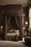 Placeholder: Beautiful ornate four post canopy bed in a dark colored bedroom, victorian