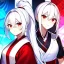 Placeholder: Clear focus, 8k, beautiful lighting, vibrant colors, girl, white hair, long hair, vibrant red eyes, ponytail, same twins, white hair, red eyes, same clothes, miko, hair in between the eyes,