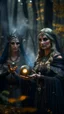 Placeholder: close up portrait of merciless medieval countess and her creepy sister in big eyed trance, metal gauntlets holding fire ball portal, full moon, swirly mist,autumn wind, performing arcane invocation ritual of smoke demon with immense power on luminous stone altar in dark forest grove, shot on Hasselblad h6d-400c, zeiss prime lens, bokeh like f/0.8, tilt-shift lens 8k, high detail, smooth render, down-light, unreal engine, prize winning