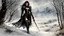 Placeholder: Hyper-photorealistic watercolor art style by Luis Royo , a warrior woman in black armor on the background of a cold snow-covered country, ice and crystal, frost and snow, hyperdetailed face, full body diagonal shot, encounters male bandits in dark fantasy countryside setting, absence of mysterious elements, dramatic lighting, ultrafine detail, octane rendering., by