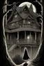 Placeholder: surrealist, black and white, obscured by dense forest fog, superbig full moon, moon is a center of image, tim burton character, exagerated, cartoon house, several floors, tim burton proportions, woman with cape and hood, woman stand up on spiral rock, background old house, high house more rooms, backlight, sad, high house several rooms, wood old house, a superfullmoon, house upper circle mountain, ambient fog, distorsion, fantasy