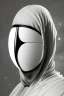 Placeholder: Planet Mercury portrayed as a masked human wearing robes, the right side of the mask is black with open white eye, the left side of the mask is white with closed eye.