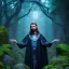 Placeholder: crazy detail, magical forest background, waterfall, blue but cloudy skies, portrait of man in black shiny robes,dark stone statue, lively eyes,hidden hands, framed by foliage, runes on dices, warm light, holding up scroll