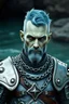 Placeholder: 50 year old male water genasi cleric with weathered skin colored sea foam green, amber eyes, short blue-green hair, and wearing polished silver and blue chain mail armor rendered in fantasy style