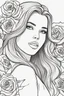 Placeholder: modern realistic cartoon drawing style high contrast coloring page of a happy beautiful woman with long hair, surrounded by roses, close up head shot, dynamic pose, upper body portrait, illustration, adult coloring page, thick outline, no details