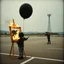 Placeholder: uncanny valley liminal parking lot a Picture frame on an easel is on fire; boy with a black balloon for a head, old tyme movie camera pointing to the easel, ominous radio tower in distance with concentric sound distortion around them, grainy photograph, surreal, sinister, profound, dramatic, uncanny valley, by Zdzislaw Beksinski and Kazuo Umezu, minimalism, surreal, unsettling, profound, dull colors