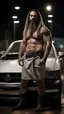 Placeholder: strong burly slim gipsy mechanic 44 years old, dreadlocks, wet, long black beard, manly chest, hairy, shirtless in bulging dirty white boxer, big shoulders, tattoo, big calves, barefeet, angry, photorealistic, side light, inside a dark parking lot at night, side neon light, photoRealistic