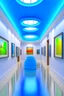 Placeholder: 3 D-shot A hall for displaying art paintings The walls are in the shape of an oval and there is an oval wall in the middle of the hall to divide the hall into two parts and the paintings are hanging on the walls and the walls are made of glass and the colors of the glass are blue and the floor is white