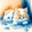 Placeholder: painting two cute fluffy cats with blue eyes lying on the ground, crouching under a blanket, peeking from below, hunting, cats image takes up only one third of the picture, watercolor, background orange wall, splashes, art, watercolor, pastel, ink, soft , lots of white negative space around the outside of the image, white outlines, full frame
