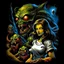 Placeholder: High_Quality_Art Digital Painting of Science experiment Horror girl Monster creature by Richard Corben, Todd Schorr, T-Shirt Design, Black Background,