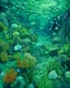 Placeholder: A bluish green underwater coral reef with globs painted by Vincent van Gogh