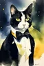 Placeholder: Watercolor, Tuxedo cat, yellow eyes, full body, looking at the sky, bowtie in the neck