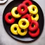 Placeholder: Yellow and red and black donuts on a plate on a black table