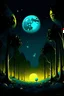 Placeholder: cute, kids friendly, no children, cute clear yellow full moon, blue night, dark green forest, wallpaper, beautiful