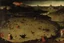 Placeholder: View of Elysium with dark female flying around over people running away in fear, creatures crawling, Hieronymus Bosch