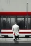 Placeholder: A lonely man waiting for bus in white suit red tie and black shoes