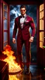 Placeholder: Hyper Realistic Photographic View of a handsome muscular Fire-Superhero wearing long-fancy-Maroon-tuxedo damask-patterns on it & wearing fancy-red-sunglasses with flame-embers-around-him & standing on a vintage-crafted-balcony & maroon-open-fancy-windows & fancy-damask-wallpapers on walls at dark night showing dramatic & cinematic ambiance.