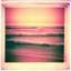 Placeholder: Photographic, Sea, soft pink waves, polaroid with damaged border, 1968, sunset, scotch tape on the border