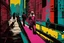 Placeholder: classic painting of a cyberpunk colourful walkway with two people making an exchange in the city with pollution by andy warhol