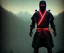 Placeholder: Ninja portrait , black suite, in the night Alps , angels background, volumetric red light, high detail, dark leaf tree, dark mountains in background, perfect, HR Giger style, red lights