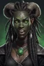 Placeholder: generate a dungeons and dragons character portrait of a female beast-human with black skin, dreadlocks, green piercing eyes, fangs and a thick nose. She is wearing black clothes and has tusks