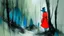 Placeholder: abstract painting, the lady of the forest with blue eyes in red boots on a foggy morning walk use flat bright colors displayed art, Charcoal, Ink, refugees, conformity, Analogue film photo, 1950s, candid, retro analog, 35mm film, film grain, very dark focused flash photo,