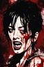 Placeholder: Digital illustration of 90s graphic design collage in Giallo highbrow artistic style portrait of italian actress Asia Argento covered in splattered blood, screaming, her eyes wide in terror, anime semi-realistic, exaggerated realism, macabre fine art, hardcore gore, horrorcut v.2, kandinsky 2.2,