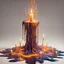 Placeholder: A tall stand of candles the wax is melting onto the floor and from it arises a wax monster, in abstract art style