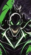 Placeholder: A very close picture to Mix between the joker and venom symbiote in solo leveling shadow art style with neon green details