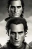 Placeholder: A portrait of Joaquin Phoenix in his early 30s, long beachy haircut, black hair, on a rocky island, in ebony armor from Skyrim, melancholic and dangerous facial expression, half-smiling